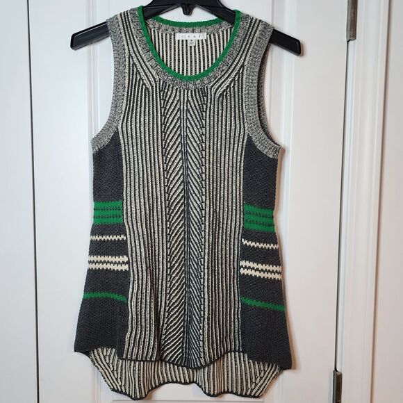 CAbi Striped Sleeveless Sweater Vest Green Gray Geometric Pattern Size S - Picture 1 of 9